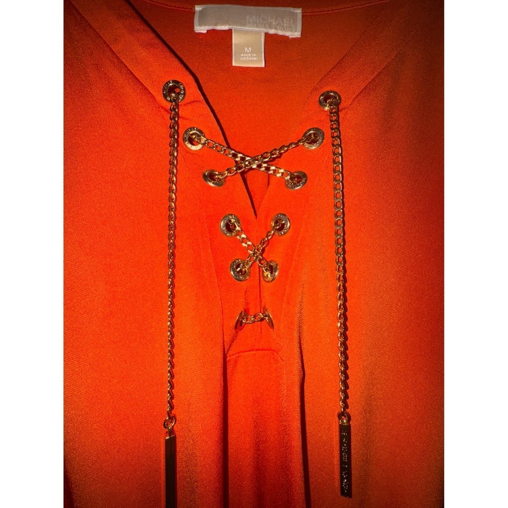 Michael Kors Coral Dress Gold Chain‎ Lace Up Detail Roll Tab Sleeve - Picture 5 of 9